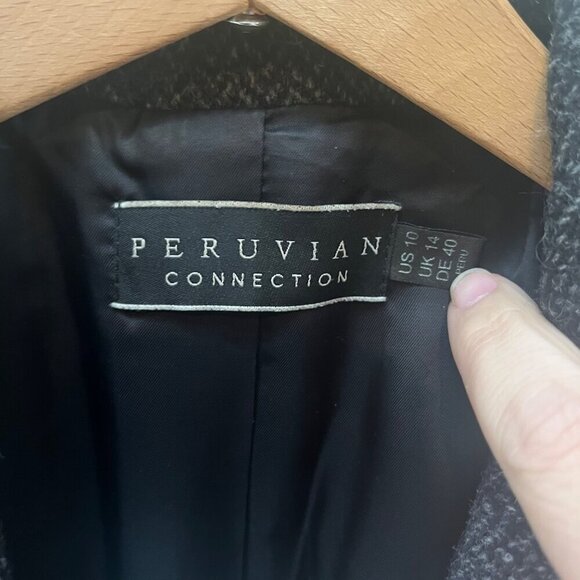 Peruvian Connection Wool Blend Women's Herringbone Leather Detail Long Coat- Siz - Picture 5 of 5